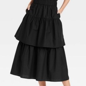 Who What Wear Black Midi Tier Ruffle Skirt